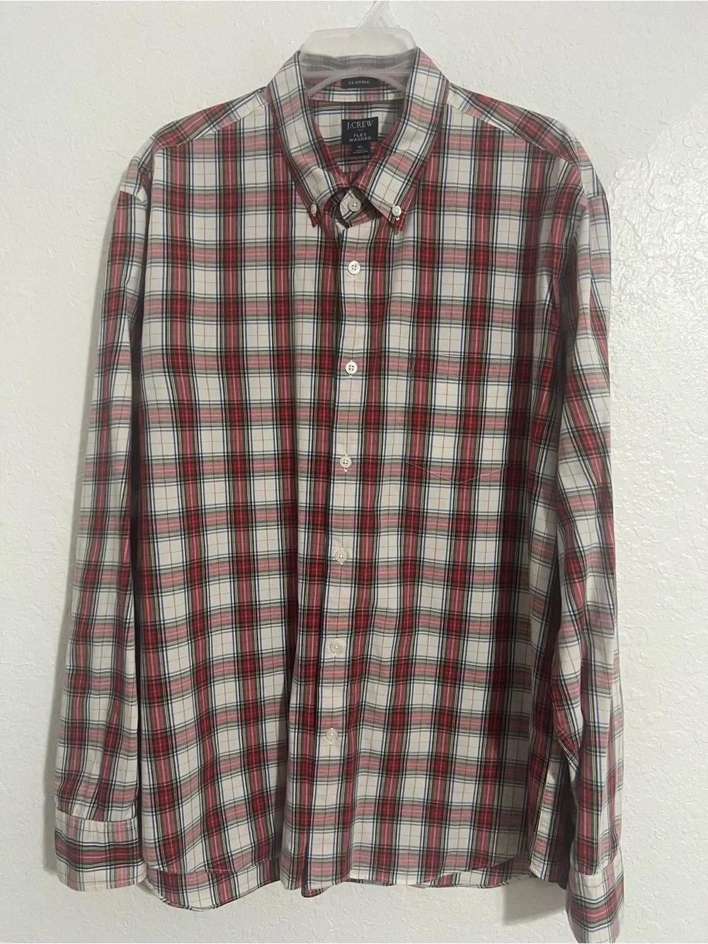 J.CREW Men's Long Sleeve Plaid Red/White Shirt Size XL Flex Washed Pocket #763